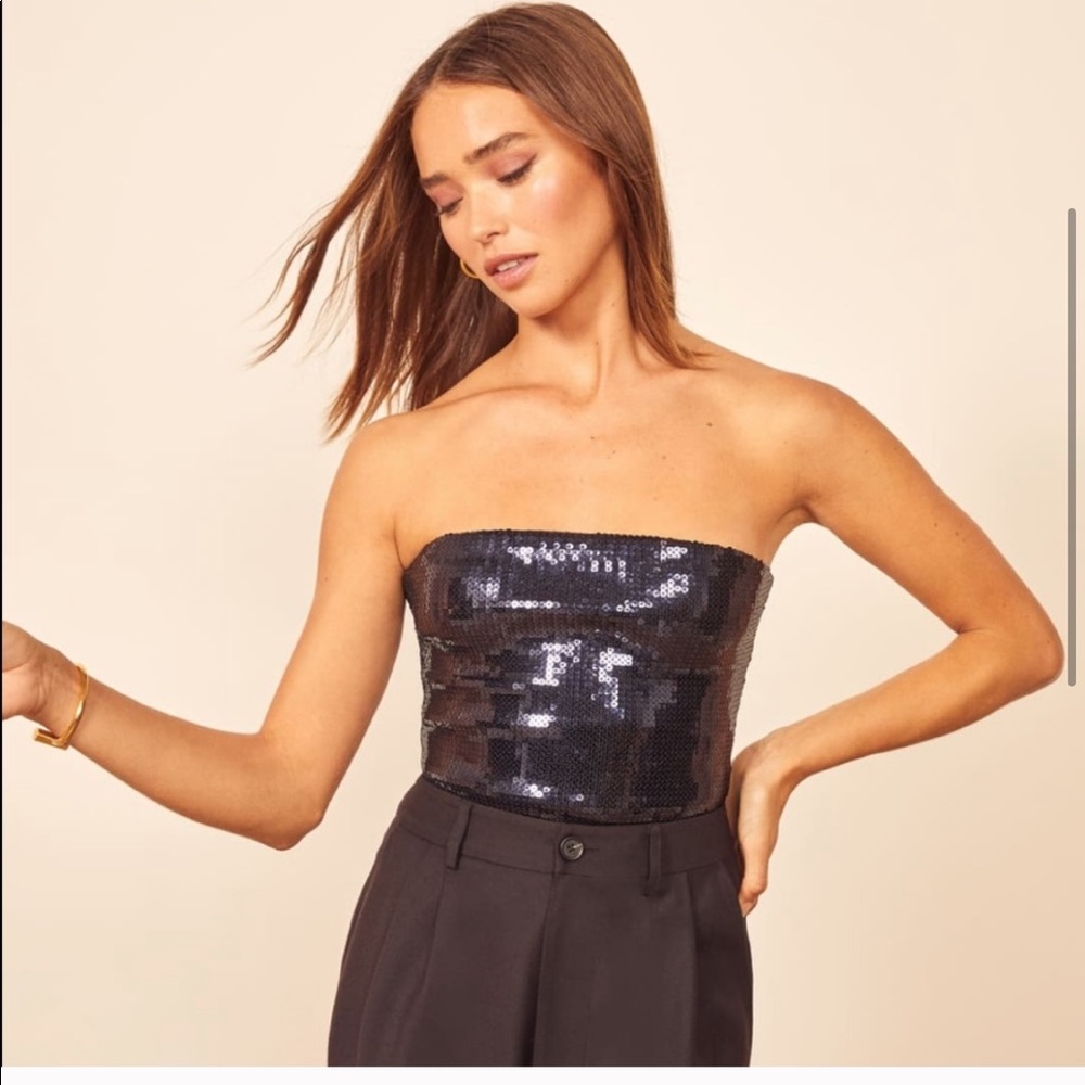 Reformation Black Sequin Strapless Tube Top